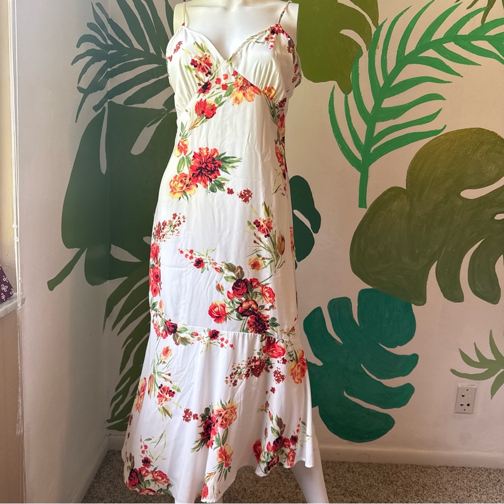 Lulu's White Maxi Dress with Red & Pink Floral Print
